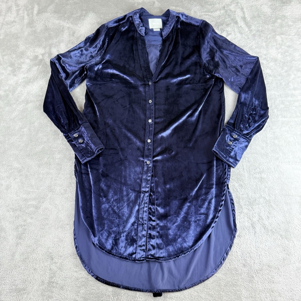 Maeve Top Womens 0 Blue Velvet Tie Neck Button Down Tunic‎ Long Sleeve Nightclub